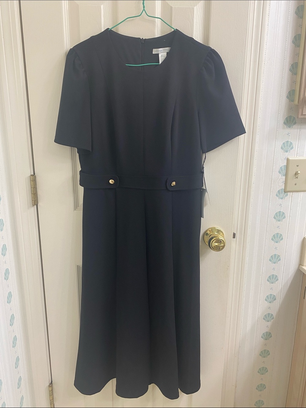 London Times Black Short-Sleeve Midi Dress with Buttoned Waist Tabs